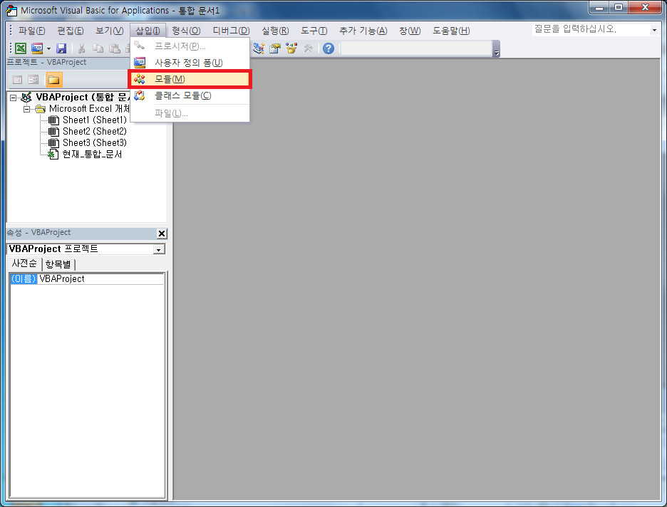 메뉴에서 삽입 > 모듈을 선택