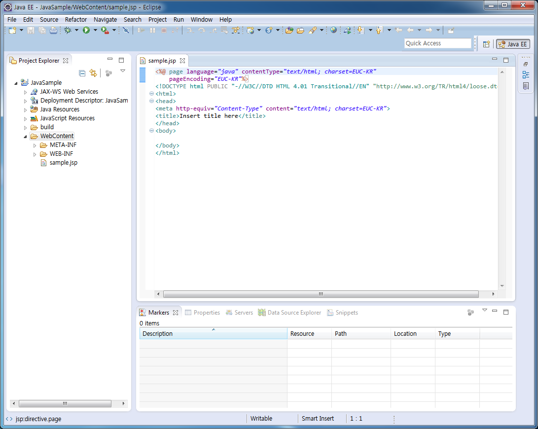 생성한 프로젝트의 WebContents 폴더하위에 sample.jsp 생성